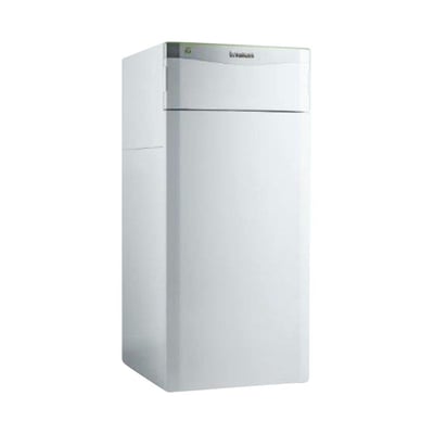 Frontvisning af Vaillant flexoTHERM exclusive VWF 191/4 varmepumpe, 19kW, hvid, isoleret på hvid baggrund.