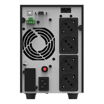 Bagsiden af PowerWalker VFI 2000 AT UPS, der viser strømindgange, blæser og flere udtag til tilslutning af enheder.