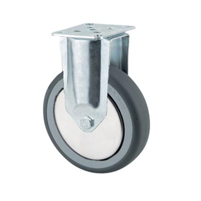Sidevisning af Tente 75mm fast hjul med 75kg belastning, stålkonstruktion og gråt hjul med polypropylen fælg.
