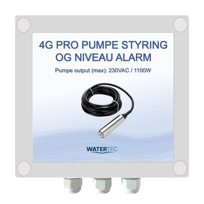 Watertec 4G PRO-pumpestyring med niveaualarm og 230 V-udgang på op til 1100 W samt niveausensor.