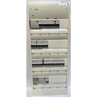 Færdigmonteret Gamma 4R gruppetavle i hvid med diverse sikringer og HPFI-relæ, mærket Hager.