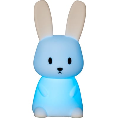 Nærbillede af Star Trading kanin LED børnelampe i hvid plast, der lyser blåt på en ensfarvet baggrund.