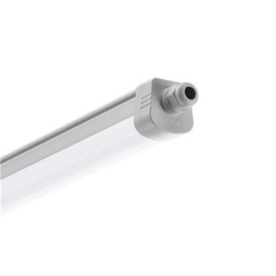 Opple LED-armaturet LEDWATERPROOF-P5-L15 ses skråt fra enden med grå tilslutningsstuds og hvidt, aflangt hus.