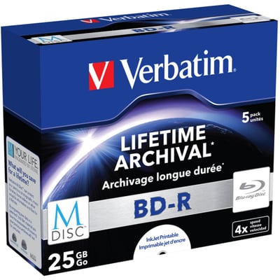 Blå emballage til Verbatim M-Disc BD-R, 5-pak med 25 GB Blu-ray-diske og 4x skrivehastighed.