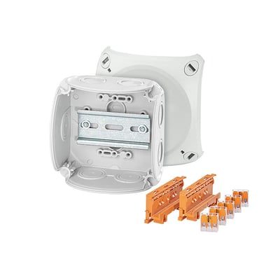 Hensel forgreningsdåse DK0404W, grå, med Wago klemmer og monteringsbeslag, vist åben på hvid baggrund.