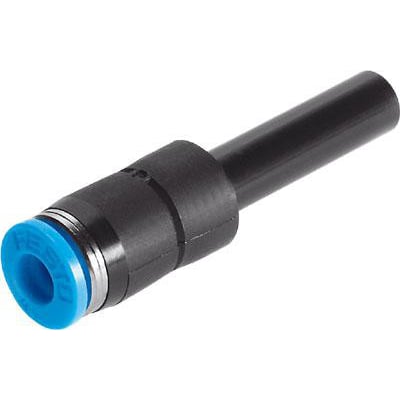 Festo lige-forbindelse indstik QS-12H-6 i sort plast med blå trykring, vist på hvid baggrund.