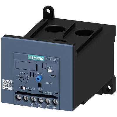 Siemens Sirius S3 overbelastningsrelæ med justeringshjul, reset-knap og skrueklemmer fra 12,5 til 50A.