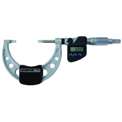Digitalt mikrometer fra Mitutoyo, 0-25 mm, med klingeformet bøjle og letlæseligt LCD-display.