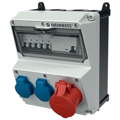 Mennekes AMAXX tavle set forfra, med tydelig visning af automatsikringer bag en klar låge og forskellige stikkontakter.