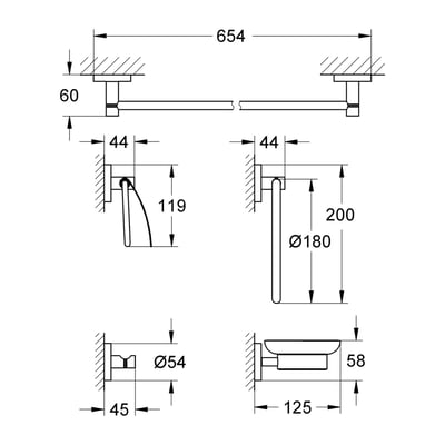 Tekniske måltegninger af Grohe Essentials tilbehørssæt, der viser dimensioner for alle dele i mm.