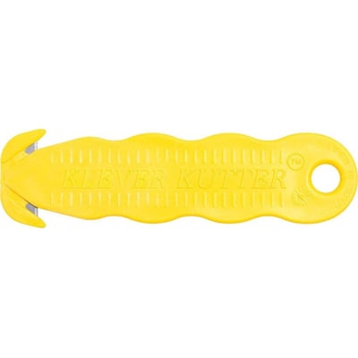 Nærbillede af en gul Klever KCJ-1 sikkerhedsskærer med skjult klinge og ergonomisk design med indgraveret 'Klever Kutter'.