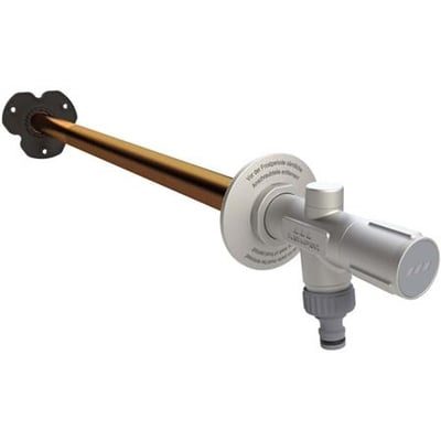 Kemper Frosti plus XL frostfri udendørsventil i rødgods, viser enhedens 260-530mm byggemål med fast greb.