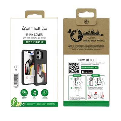 Emballagen til 4smarts E-Ink-coveret med NFC-display til iPhone 17 viser coveret og vejledning i brug.