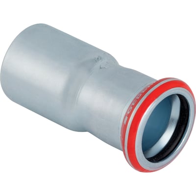 Geberit Mapress reduktion i forzinket stål med 108 mm nippelende og 76,1 mm muffe, kendetegnet ved røde markeringer og presseindikator.