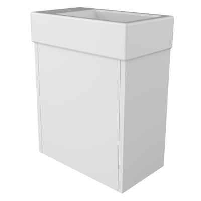 3D-gengivelse af Sanibell Proline håndvask med hvidt porcelænsbassin og matchende hvidt møbel, 40x23x10 cm.