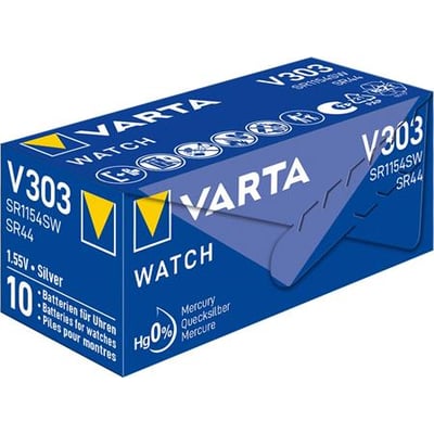 Varta V303/SR44 knapcellebatteri i sølvoxid-teknologi, 1,55V, 170 mAh, pakket i en blå æske med produktinformation.