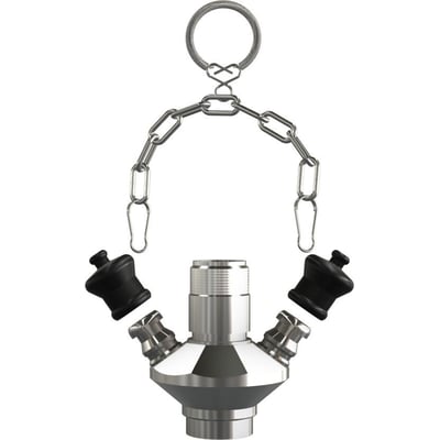 Keofitt ventilkrop W9, type P KEO850011, i skinnende metal med tilhørende kæde og sorte pakninger.