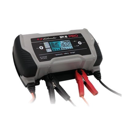 Schumacher SPI 16 PRO batterilader i grå og sort, med tydelig visning af 16.0A på den digitale skærm.