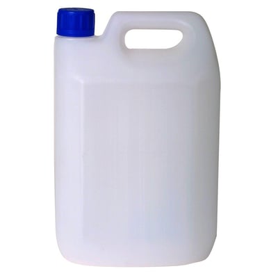 Tom 2,5 liters naturfarvet plastdunk af HDPE med blåt børnesikret låg og integreret håndtag.