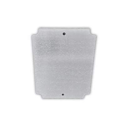 Galvaniseret stålplade til monteringskasse, 100 x 156 mm, med afrundede hjørner og monteringshuller.