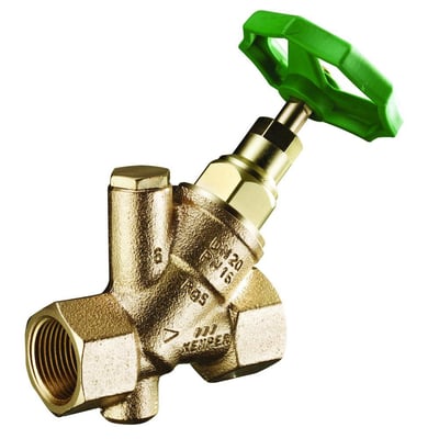 Kemper fristrømsventil DN20 med 3/4" gevind og grønt håndtag, fremstillet i messing.