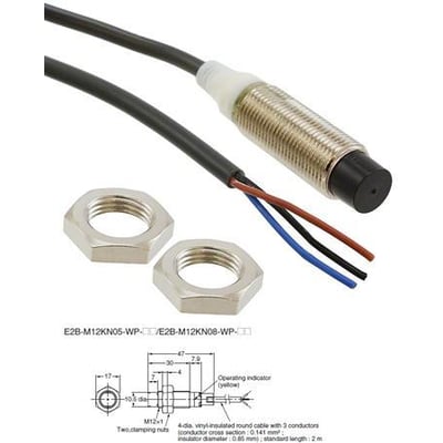 Omron induktiv aftaster LITE med M12 gevind, kort nikkel-messing krop, uafskærmet, 8 mm detekteringsafstand og 2m kabel med 3 ledninger.