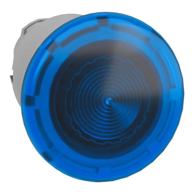 Frontalt nærbillede af Schneider Electric paddetryk med blå LED impuls, 40mm diameter, tydeligt lysende med cirkulær tekstur.