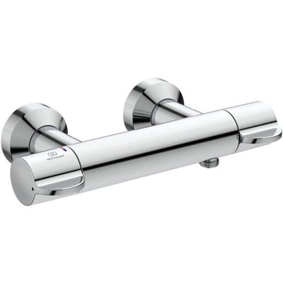Nærbillede af Ideal Standard Ceraplus Safe brusearmatur i blank krom med to greb og 150 mm centerafstand.