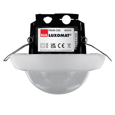 B.E.G. Casambi tilstedeværelsessensor PD4N-CAS med Luxomat branding og monteringsbeslag.