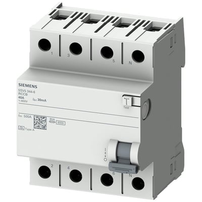 Siemens SENTRON 5SV5 fejlstrømsafbryder, 4-polet Type A, set skråt forfra med fire tilslutningspoler, testknap og betjeningsgreb.