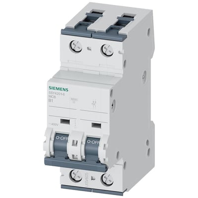 Siemens SENTRON 5SY automatsikring, 2-polet, 1A, B-karakteristik, 400V, 10kA, vist forfra med tydelige afbrydere og mærkningsdetaljer.