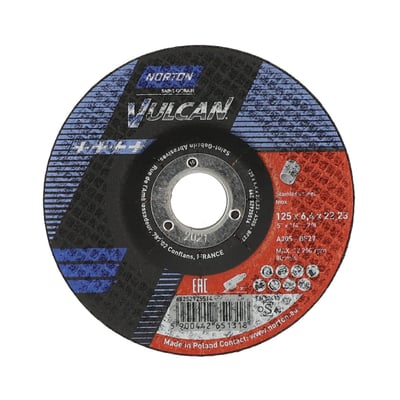 Bagside af Norton Vulcan skrubskive, viser dimensioner 125 x 6.4 x 22.2 mm og produktinformation fra producenten.