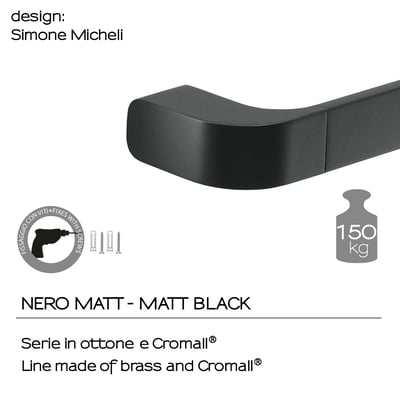 HeFe OUTLINE håndklædeholder og badekarsgreb i matsort, 55 cm lang, med illustration af montage og 150 kg bæreevne.