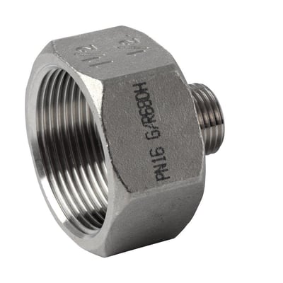 Spidsmuffe i rustfrit stål, 3/4" muffe til 1/4" nippel, mærket PN16 G/R680H, velegnet til drikkevand.