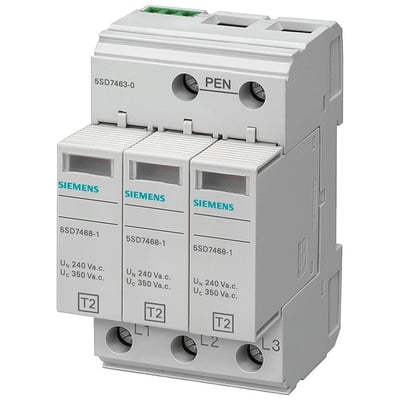 Siemens overspændingsafleder 5SD7 C/T2/II, 350V TN-C. Tre modulære enheder mærket SIEMENS med specifikationer UN 240 Va.c., UC 350 Va.c. og T2.