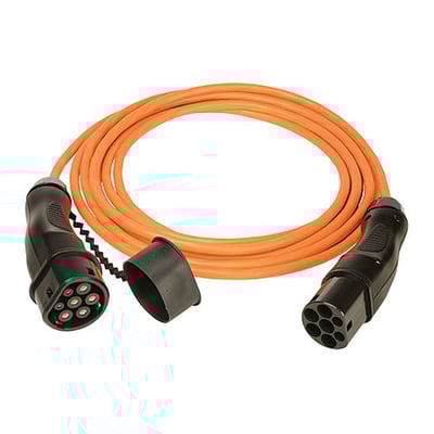 Walther 10 meter langt 3-faset ladekabel til elbiler, 22 kW, med type 2 stik i gul farve.