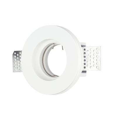 V-TAC GU10 lampe i hvid gips, rund form, vist fra skrå vinkel med monteringsarme i metal.