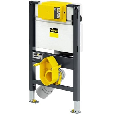 Viega Prevista Dry WC element i grå metalramme med gul cisterne og vandtilslutning, 820 mm højt.