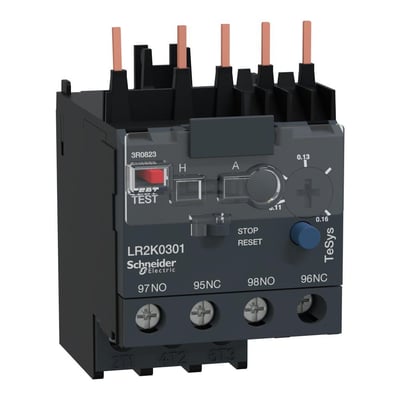 Schneider Electric TeSys LR termorelæ LR2K0301 med et strømområde på 0,11-0,16A, vist med kobberterminaler på toppen og skrueterminaler i bunden.
