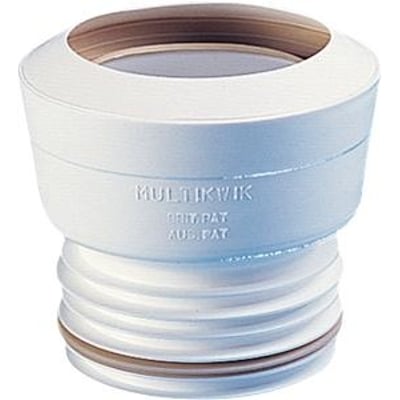 Multikvik koncentrisk tilslutning i hvid plastik til rør fra 90-112 mm, uden kappe og med tydelig logo.