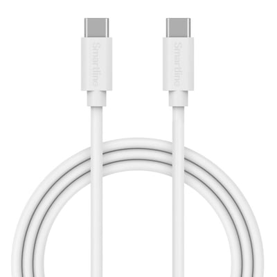 To hvide USB-C til USB-C kabler med en længde på 100 cm lagt i en bue, der viser 'Smartline' logoet på stikkene.