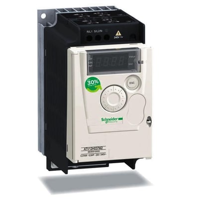 Frontview af Schneider Electric frekvensomformer, model ATV12H037M2, 0,37kW 0,5HP 220/240V, med grøn energibesparende mærkat.