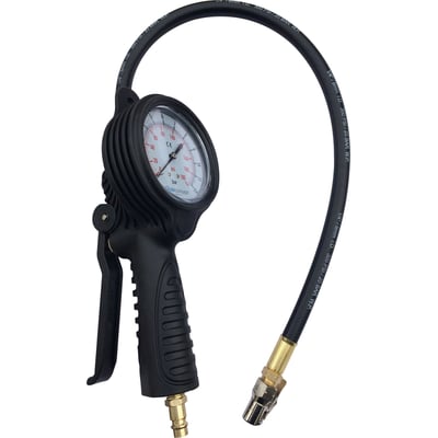 Flowconcept pumpepistol med manometer fra 0-12 bar, sort greb, gummibeskyttelse og 500 mm slange med klemnippel.