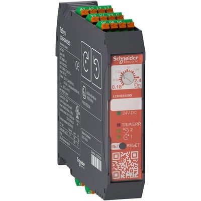 Schneider Electric TeSys H reverserende starter med Safe-Torque-Off, 0,75kW og 24VDC styring, vist fra siden med fokus på mærkater og fjederklemmer.