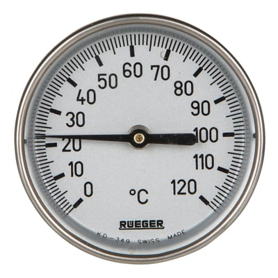 BS Specialslanger Rüger termometer TCH, 80 mm diameter med 0-120°C skala, visende ca. 25°C, med rustfrit stål urkasse.