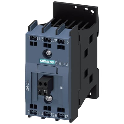 Siemens 3RF3 solid-state kontaktor med 5,2A strøm og 24VDC styrespænding, vist med terminaler og mærkning.