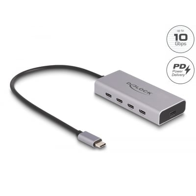 Nærbillede af DeLock USB Type-C hub med 4 porte, der viser USB-C PD port og 10 Gbps mærkning.