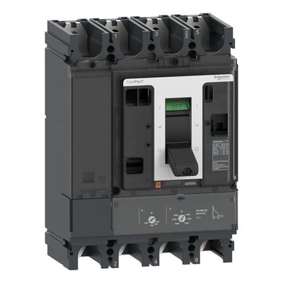 Schneider Electric ComPacT NSX 500F DC, 4-polet maksimalafbryder, med termisk-magnetisk relæ og justerbar beskyttelse.