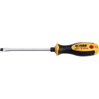 Ironside skruetrækker med lige kærv og 6kt-klinge, med lang metalstang og ergonomisk sort og gult håndtag.