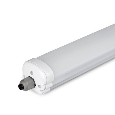 V-TAC 150 cm LED armatur med fokus på den grå kabelindføring i den ene ende af armaturet.
